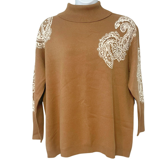 Denim & Co Sz 2X Signature Turtleneck Sweater Jacquard Chestnut Neutral A670100 - Picture 1 of 10